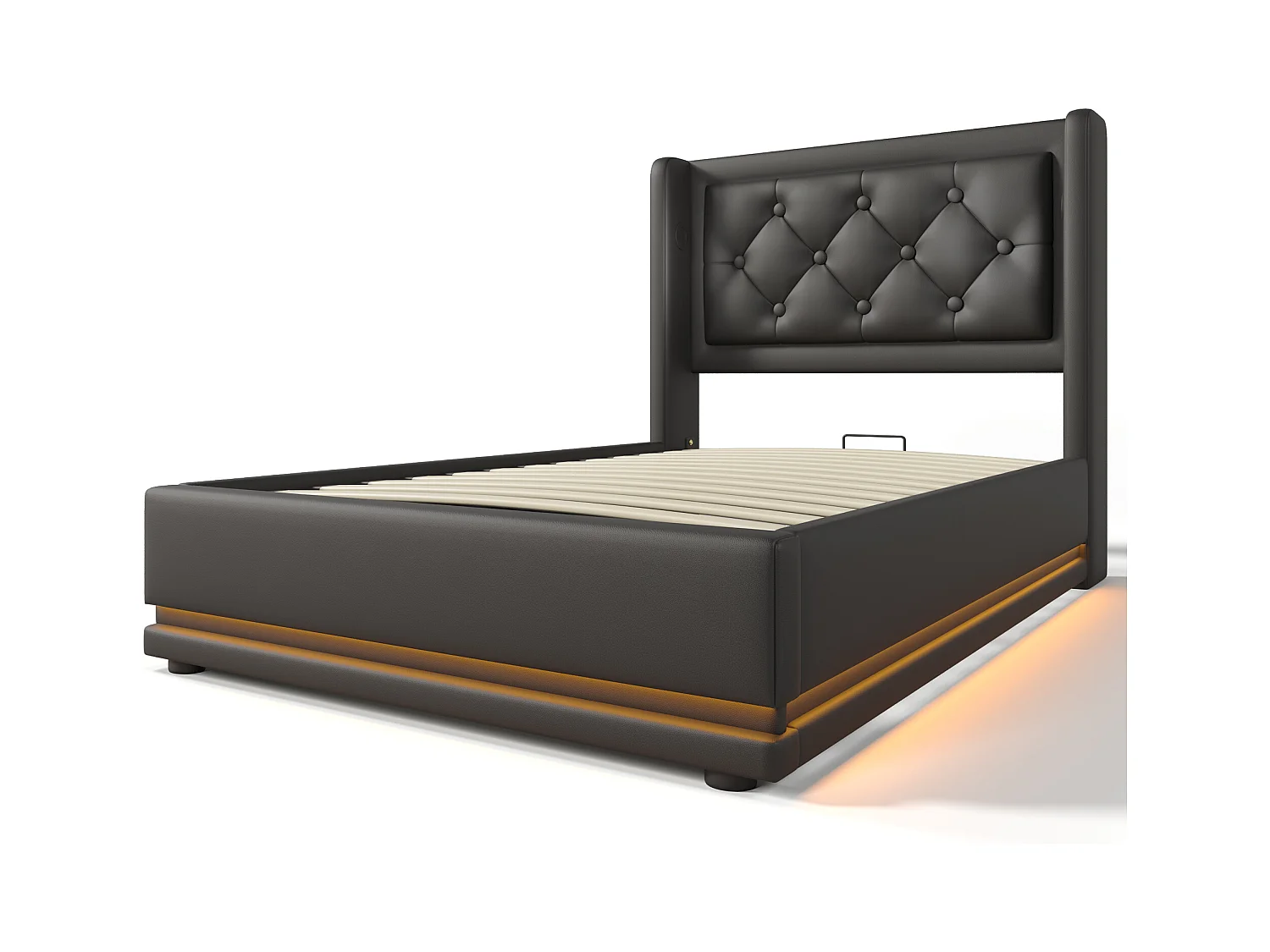 Bett mit Stauraum 90 x 200 cm – PU schwarz – Kinderbett mit LED-Beleuchtung und USB-Ladefunktion – ohne Matratze