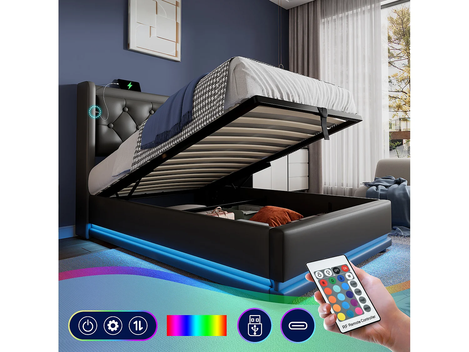 Lit coffre 90 x 200 cm - PU noir - Lit enfant avec éclairage LED et recharge USB - sans matelas