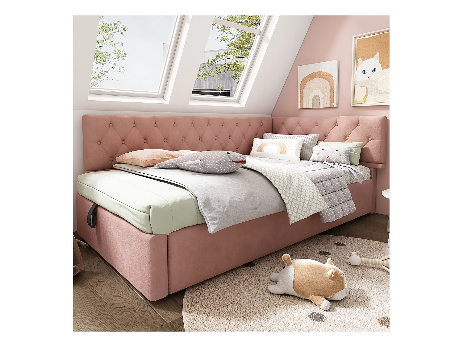 Letto contenitore 90x200 cm - Letto in velluto con rete a doghe in legno - rosa - senza materasso