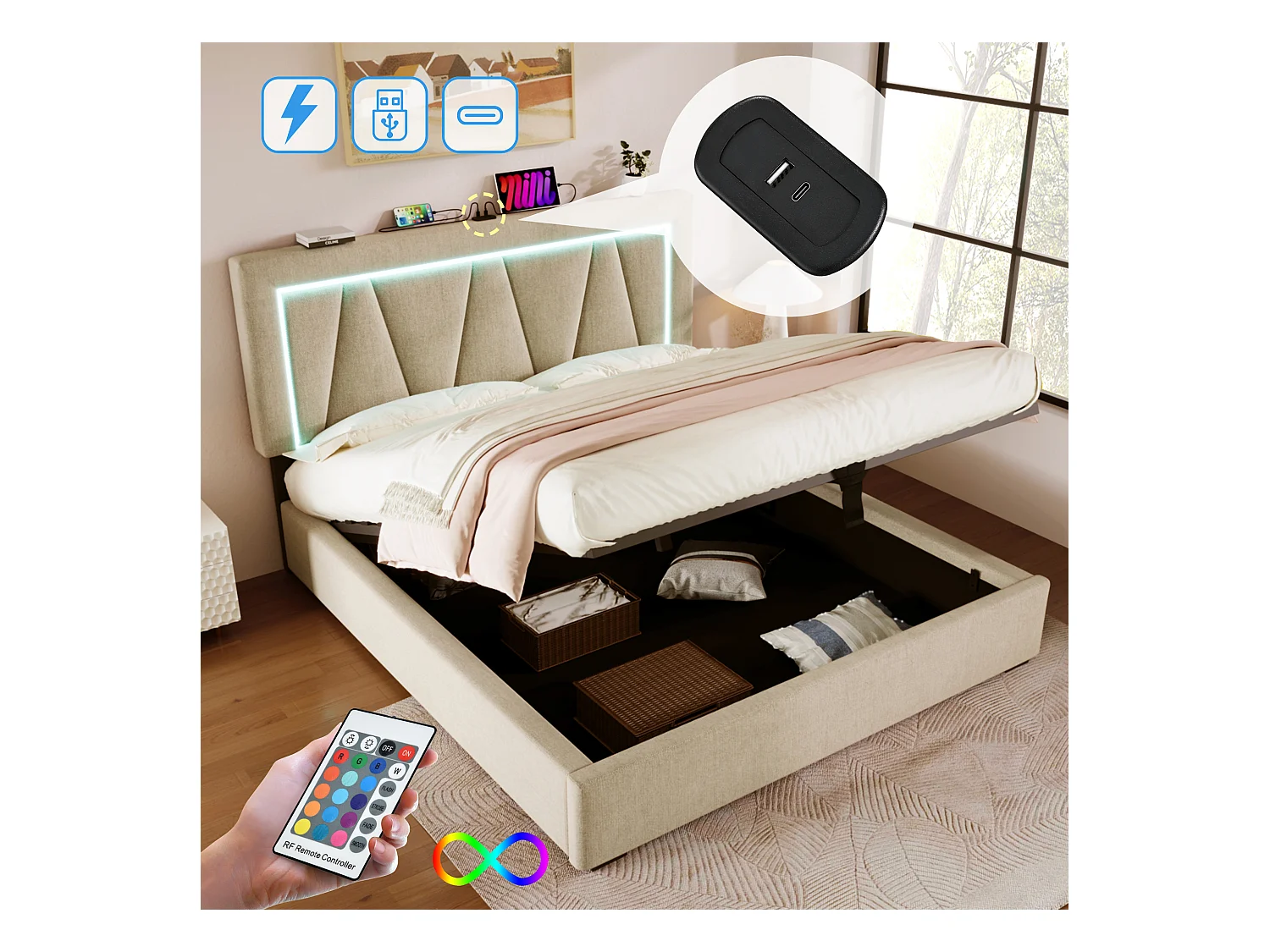 Lit Coffre double 140x200 cm avec USB et LED, espace de rangement, cadre de lit en Lin, cadre à lattes - Beige (sans matelas)