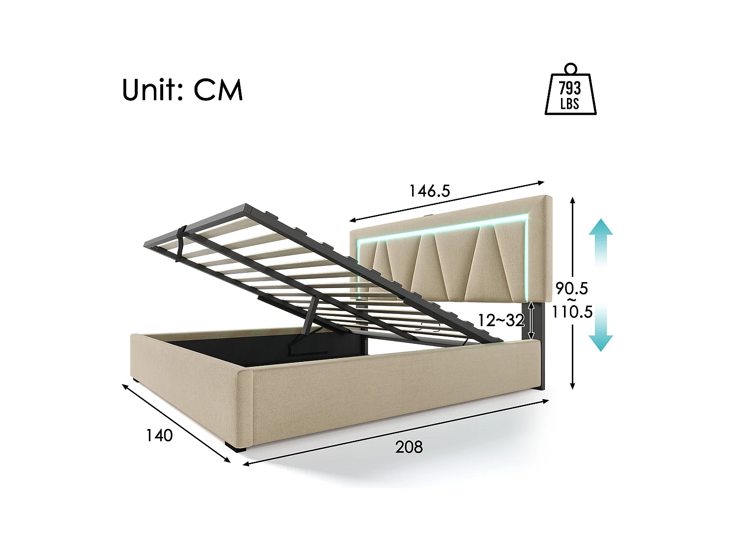 Lit Coffre double 140x200 cm avec USB et LED, espace de rangement, cadre de lit en Lin, cadre à lattes - Beige (sans matelas)