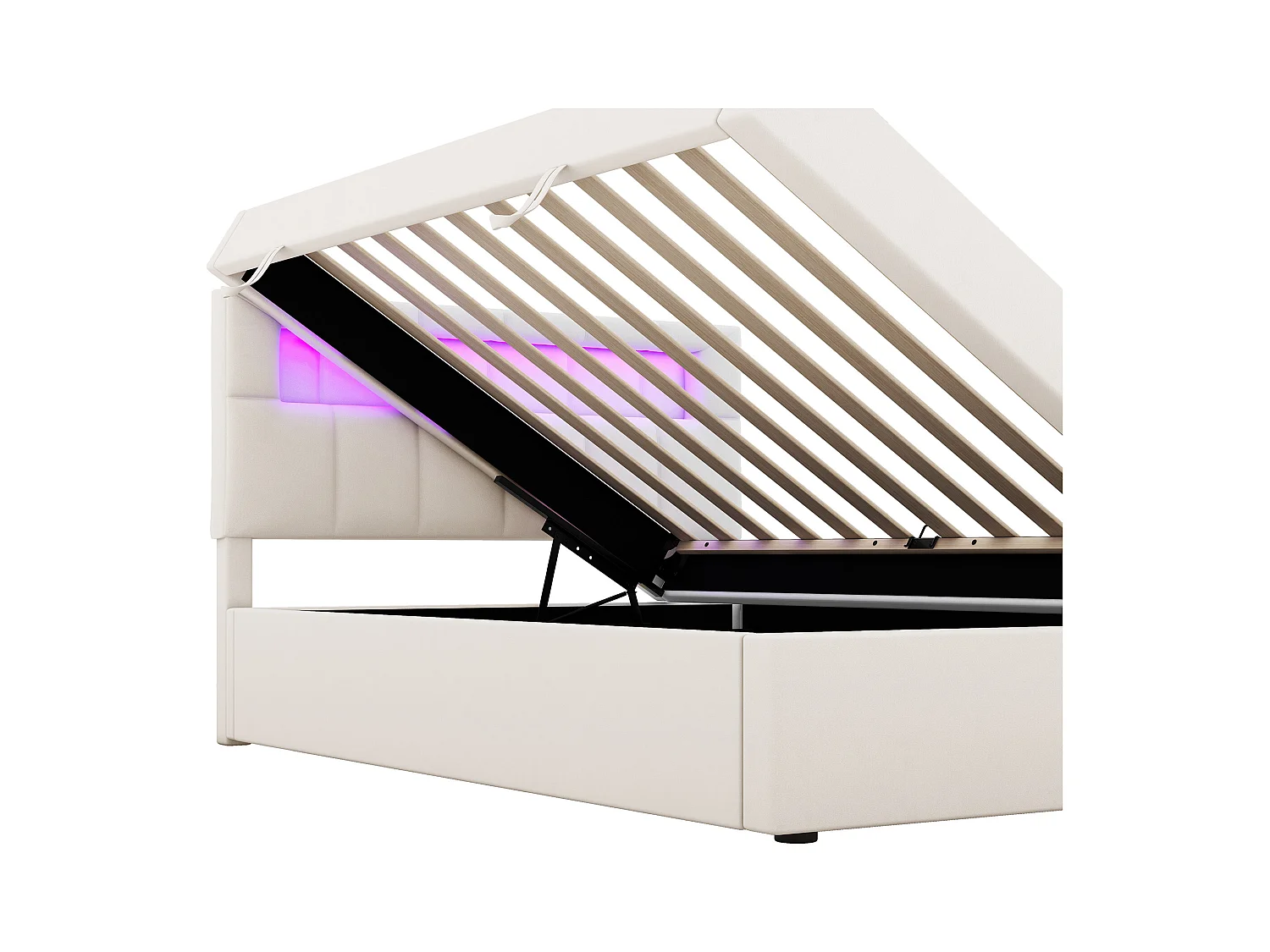 Letto contenitore 90x200 cm, velluto beige, letto per adulti con testiera imbottita e luci a LED, senza materasso