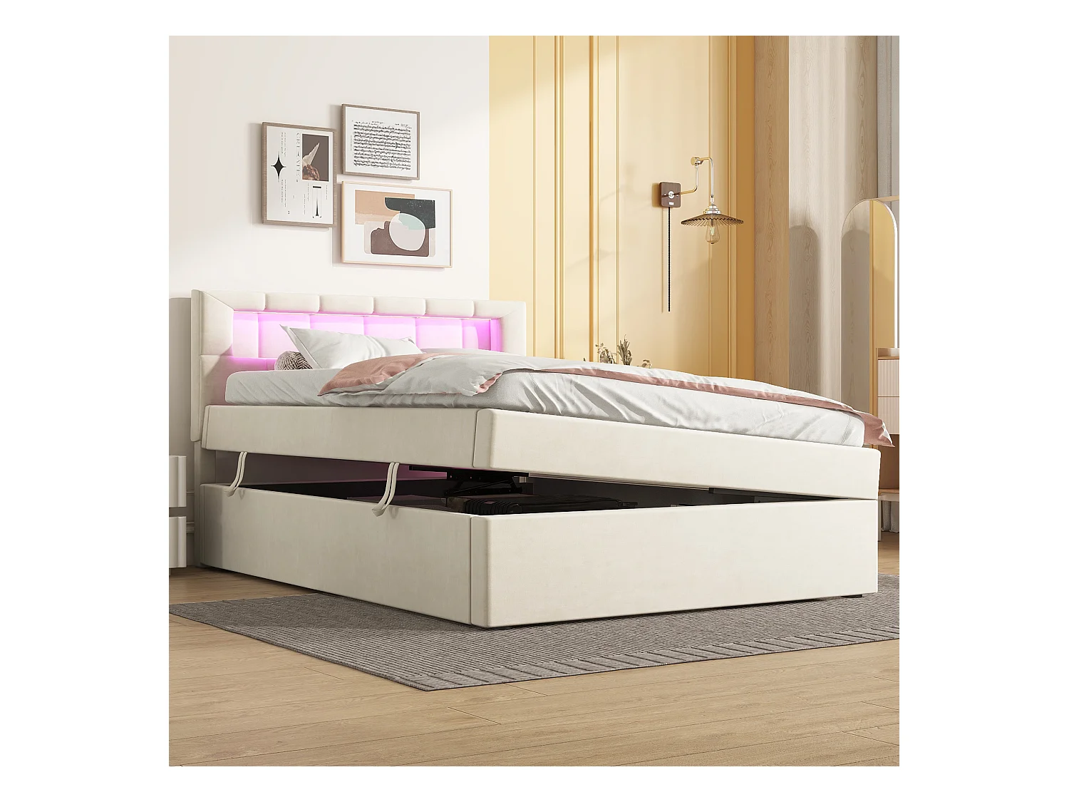 Lit coffre 90x200 cm, velours beige, Lit adulte avec tête de lit capitonnée et éclairage LED, sans matelas