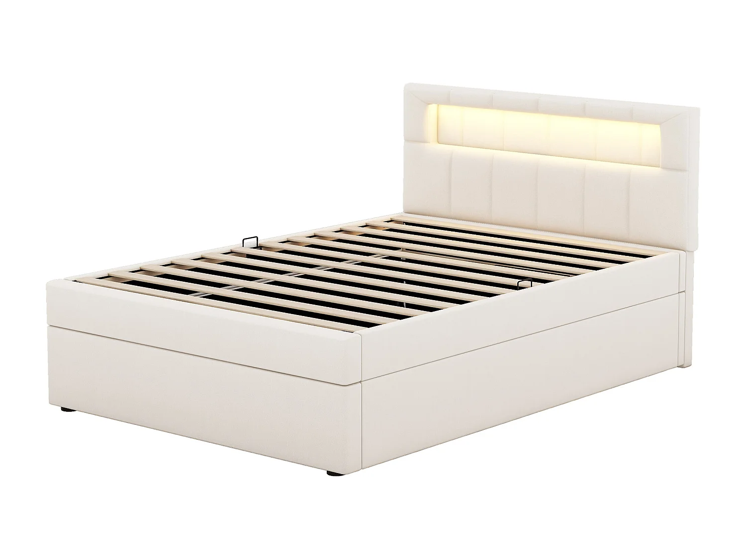Lit coffre 90x200 cm, velours beige, Lit adulte avec tête de lit capitonnée et éclairage LED, sans matelas