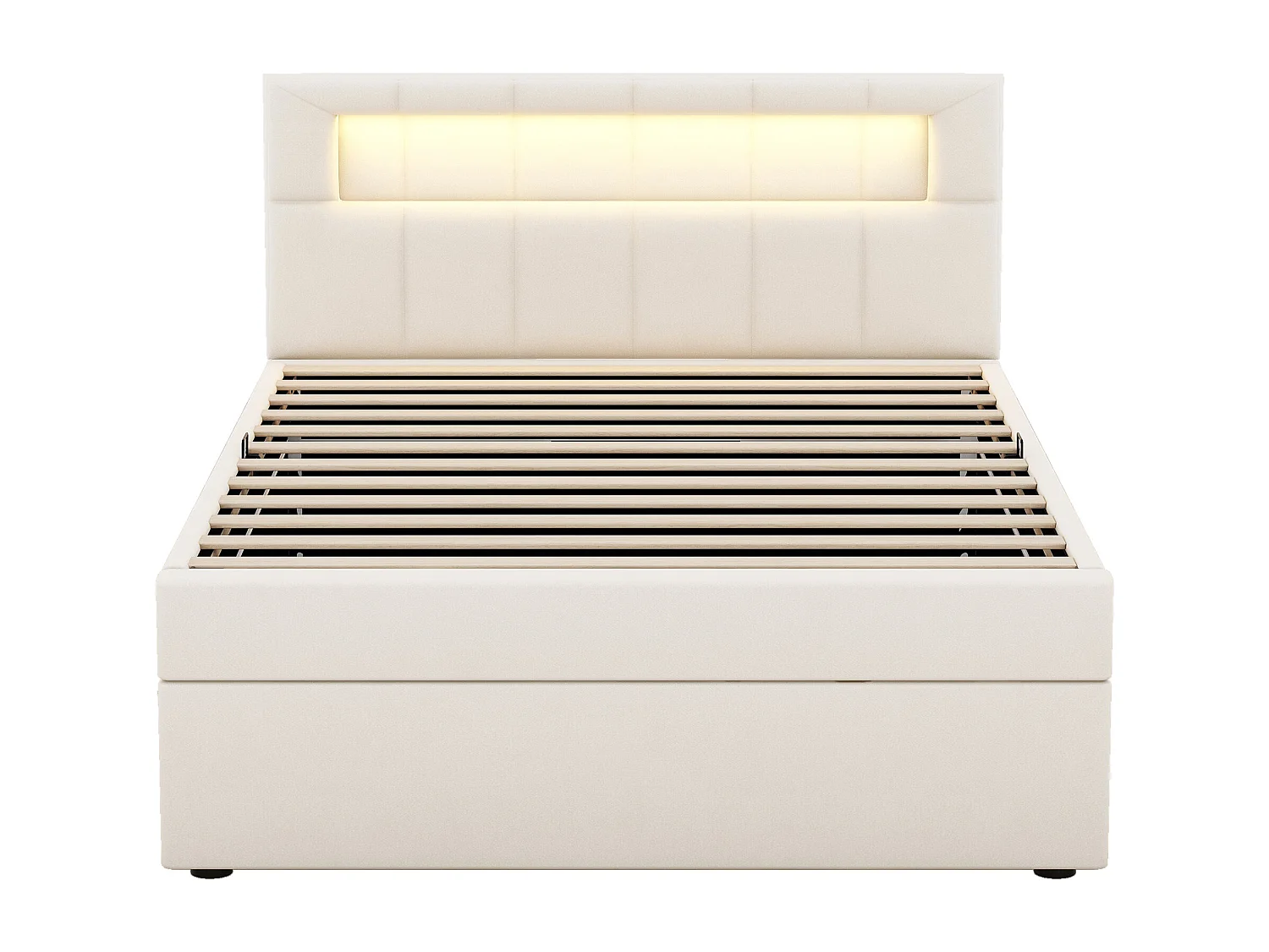 Lit coffre 90x200 cm, velours beige, Lit adulte avec tête de lit capitonnée et éclairage LED, sans matelas