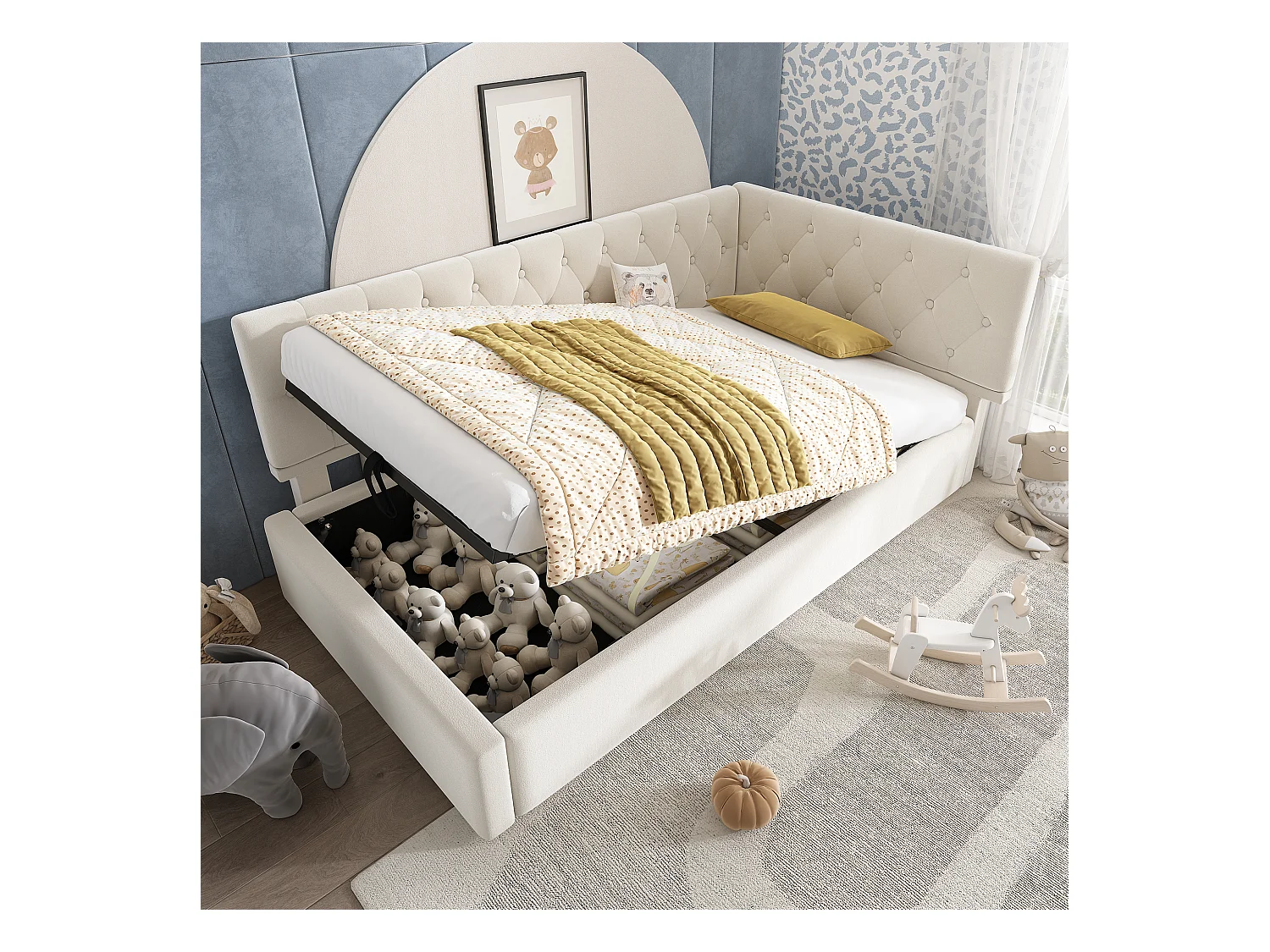 Cama con almacenaje 90 x 200 cm - Cama de terciopelo con somier de madera - beige - sin colchón