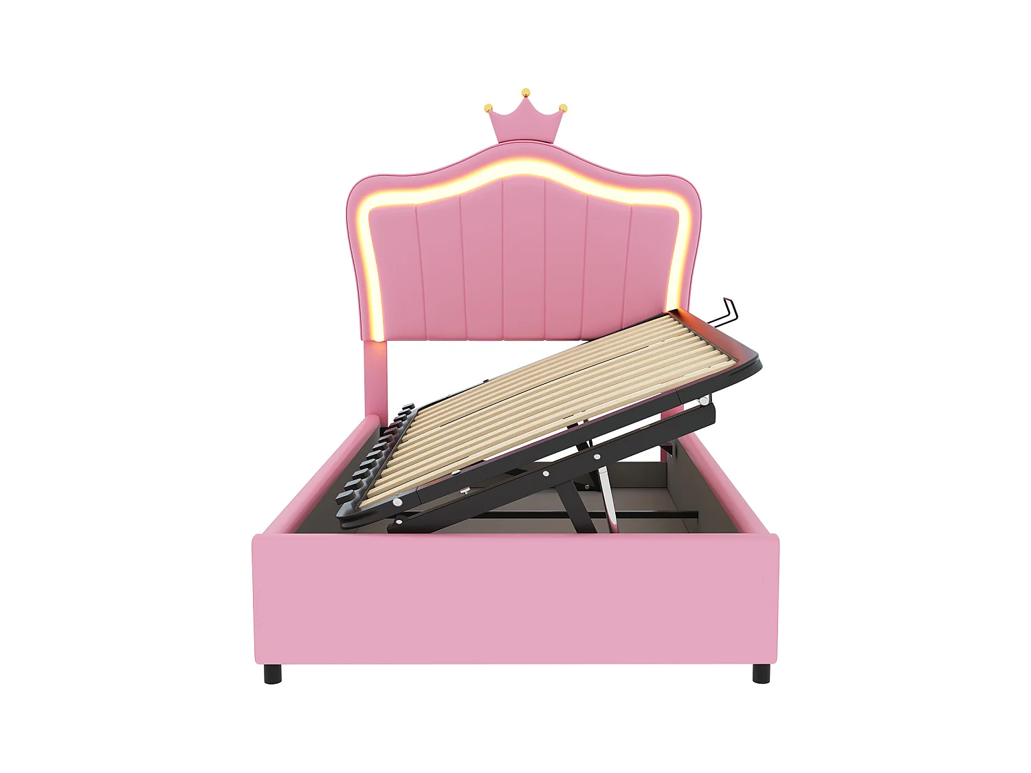 Lit coffre 90x200 cm - Simili cuir rose - Lit enfant avec tête de lit réglable et sommier à lattes - éclairage LED - sans matelas