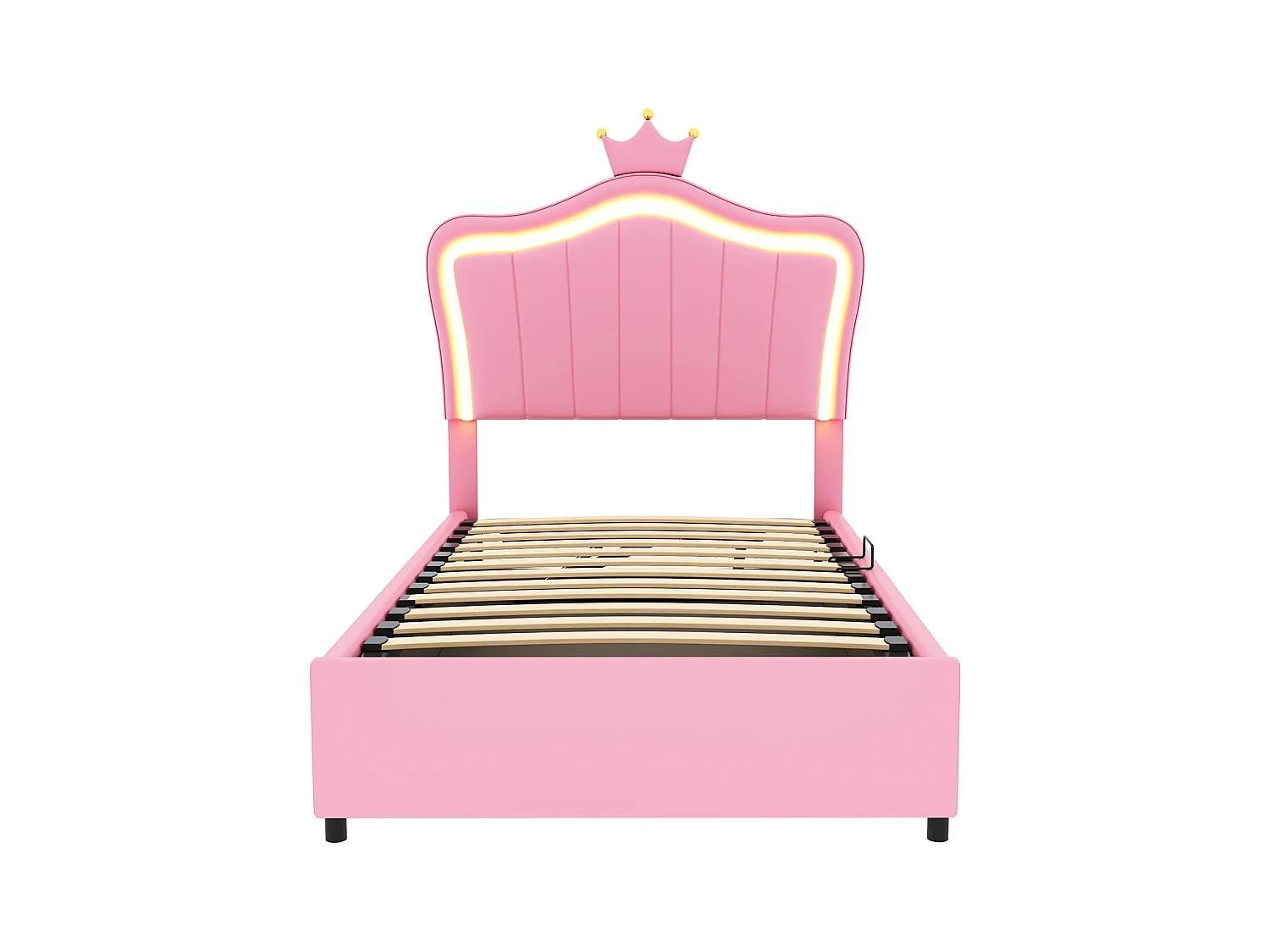 Lit coffre 90x200 cm - Simili cuir rose - Lit enfant avec tête de lit réglable et sommier à lattes - éclairage LED - sans matelas