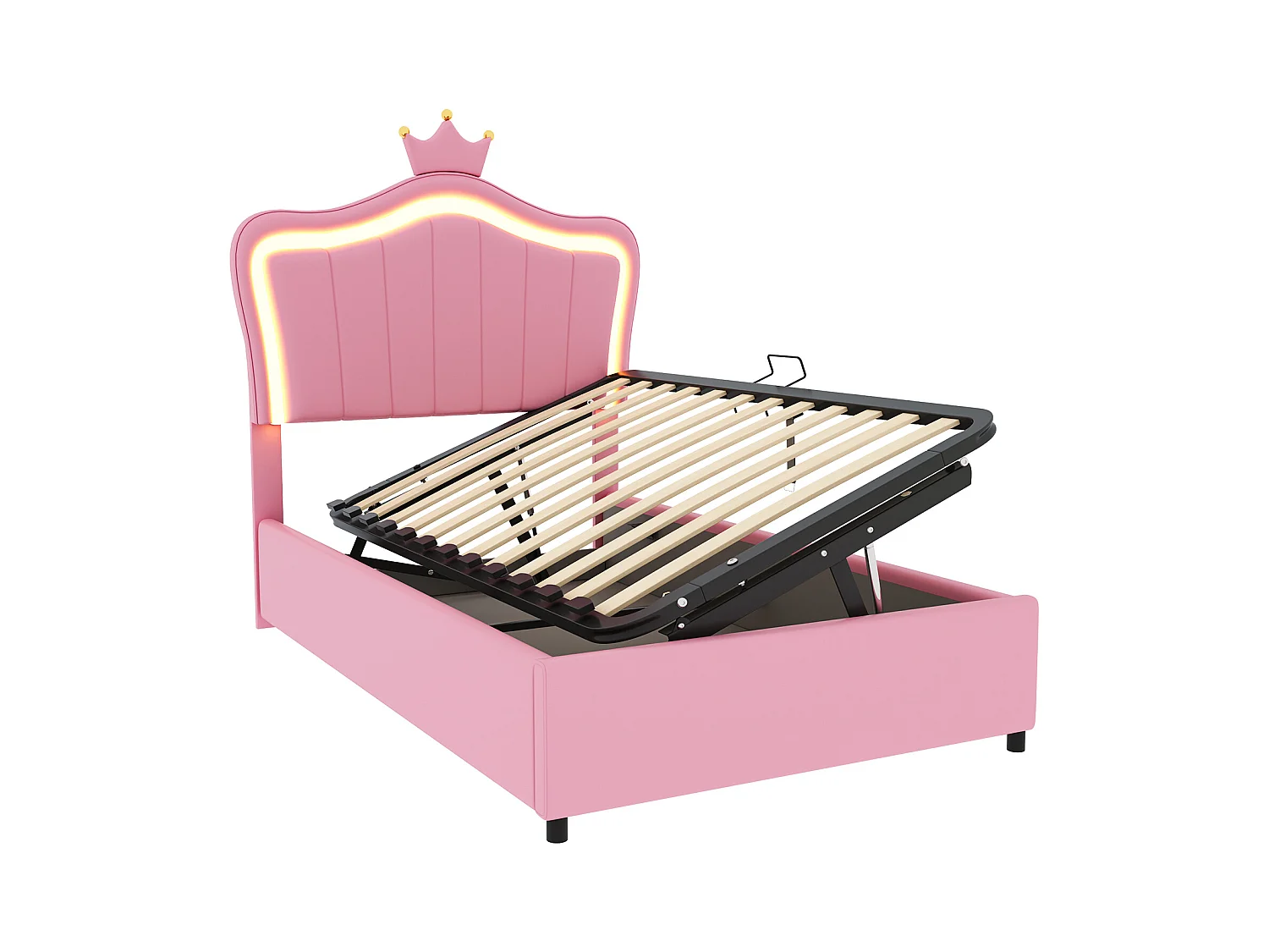 Lit coffre 90x200 cm - Simili cuir rose - Lit enfant avec tête de lit réglable et sommier à lattes - éclairage LED - sans matelas