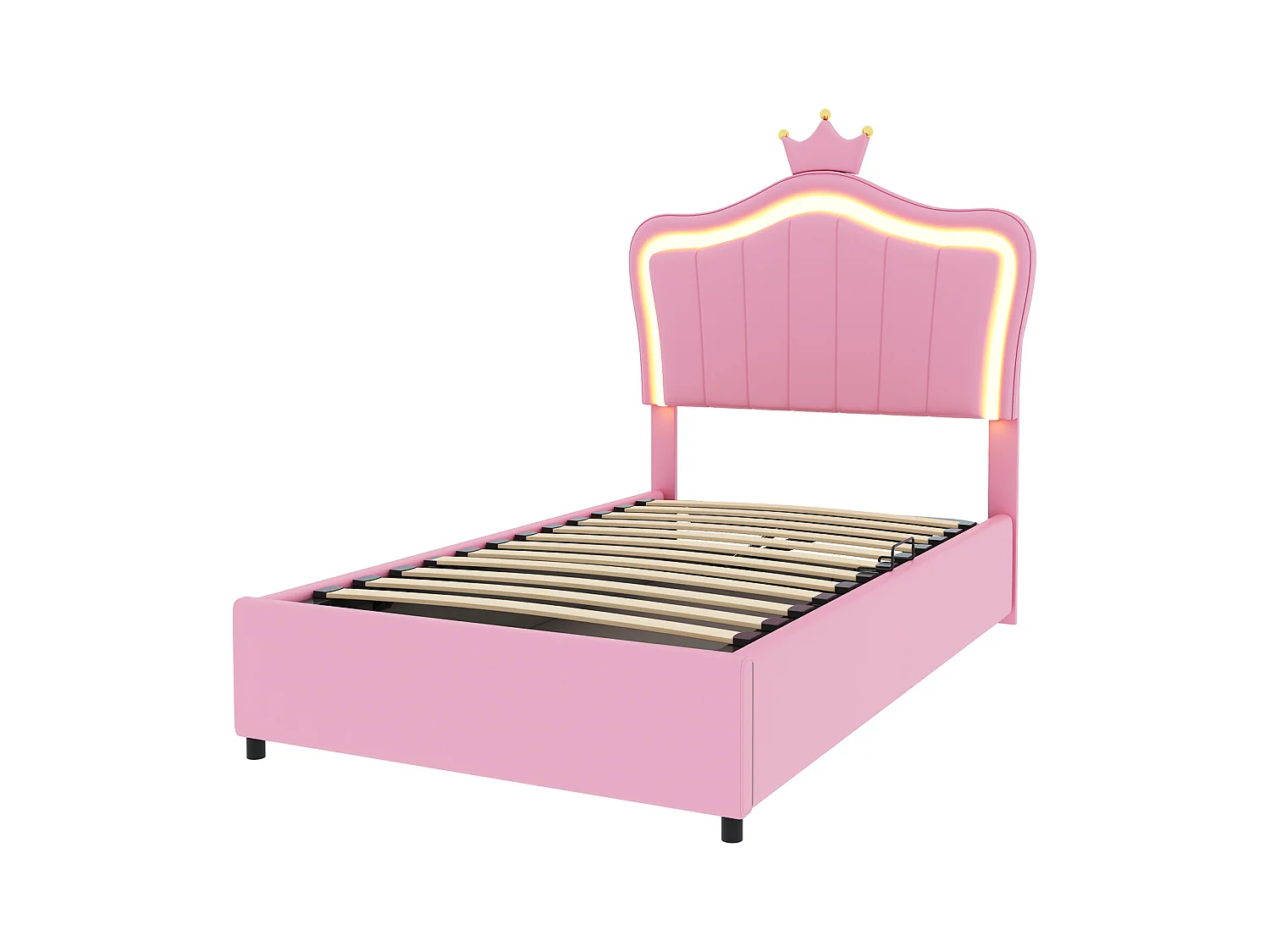 Lit coffre 90x200 cm - Simili cuir rose - Lit enfant avec tête de lit réglable et sommier à lattes - éclairage LED - sans matelas