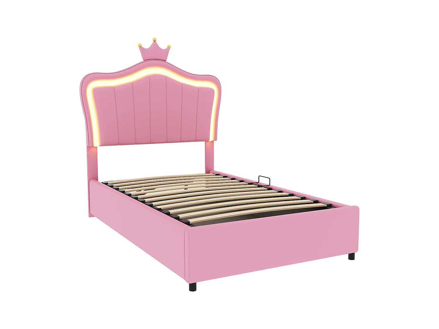 Lit coffre 90x200 cm - Simili cuir rose - Lit enfant avec tête de lit réglable et sommier à lattes - éclairage LED - sans matelas