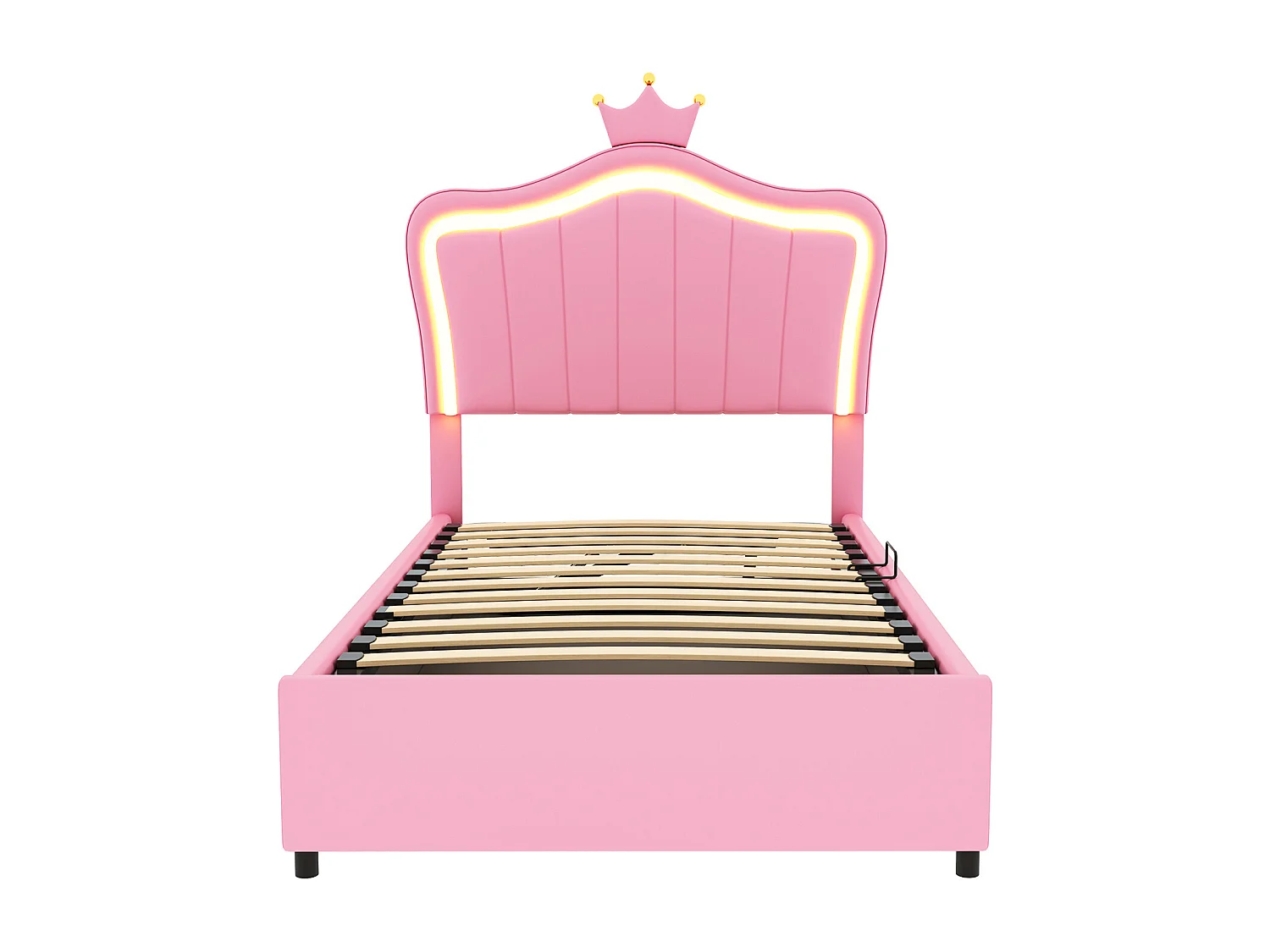 Stauraumbett 90 x 200 cm – Kunstleder rosa – Kinderbett mit verstellbarem Kopfteil und Lattenrost – LED-Beleuchtung – ohne Matratze