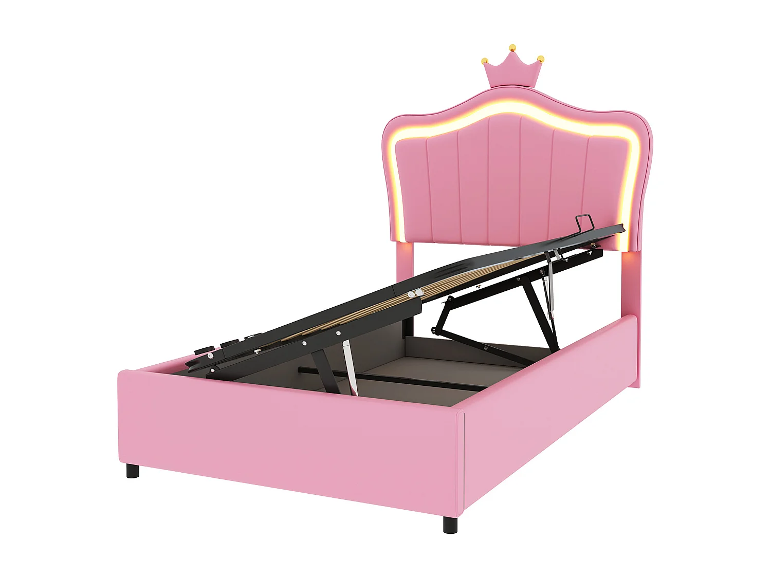 Stauraumbett 90 x 200 cm – Kunstleder rosa – Kinderbett mit verstellbarem Kopfteil und Lattenrost – LED-Beleuchtung – ohne Matratze