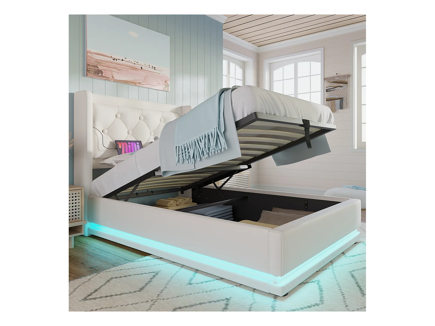 Lit coffre 90 x 200 cm - PU blanc - Lit enfant avec éclairage LED et recharge USB - sans matelas