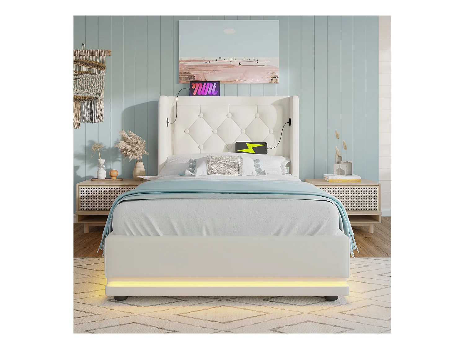 Bett mit Stauraum 90 x 200 cm – PU weiß – Kinderbett mit LED-Beleuchtung und USB-Ladefunktion – ohne Matratze