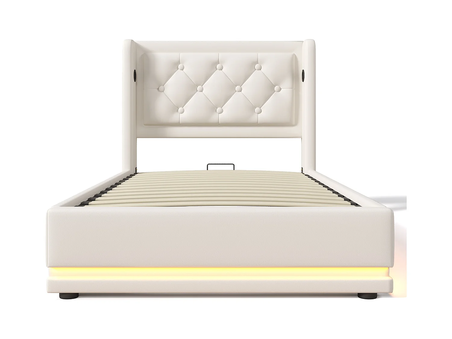 Bett mit Stauraum 90 x 200 cm – PU weiß – Kinderbett mit LED-Beleuchtung und USB-Ladefunktion – ohne Matratze