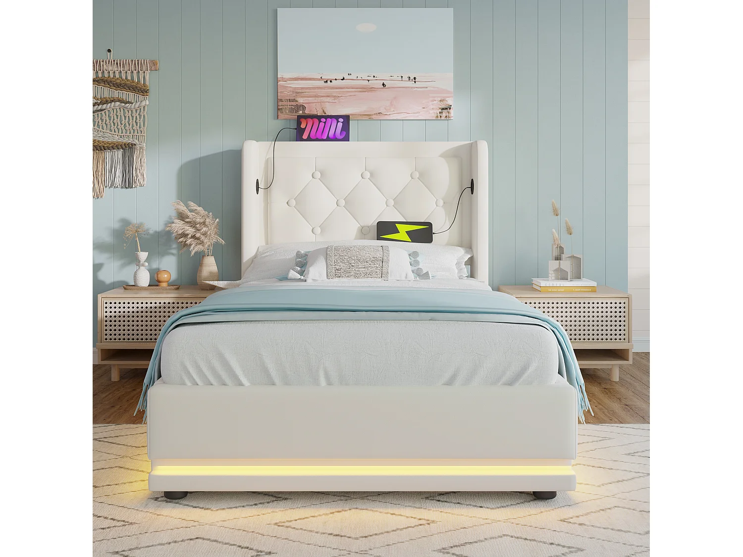 Bett mit Stauraum 90 x 200 cm – PU weiß – Kinderbett mit LED-Beleuchtung und USB-Ladefunktion – ohne Matratze