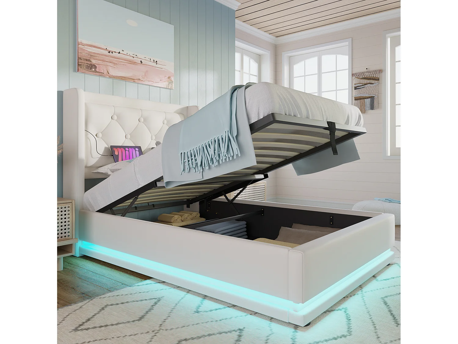 Bett mit Stauraum 90 x 200 cm – PU weiß – Kinderbett mit LED-Beleuchtung und USB-Ladefunktion – ohne Matratze