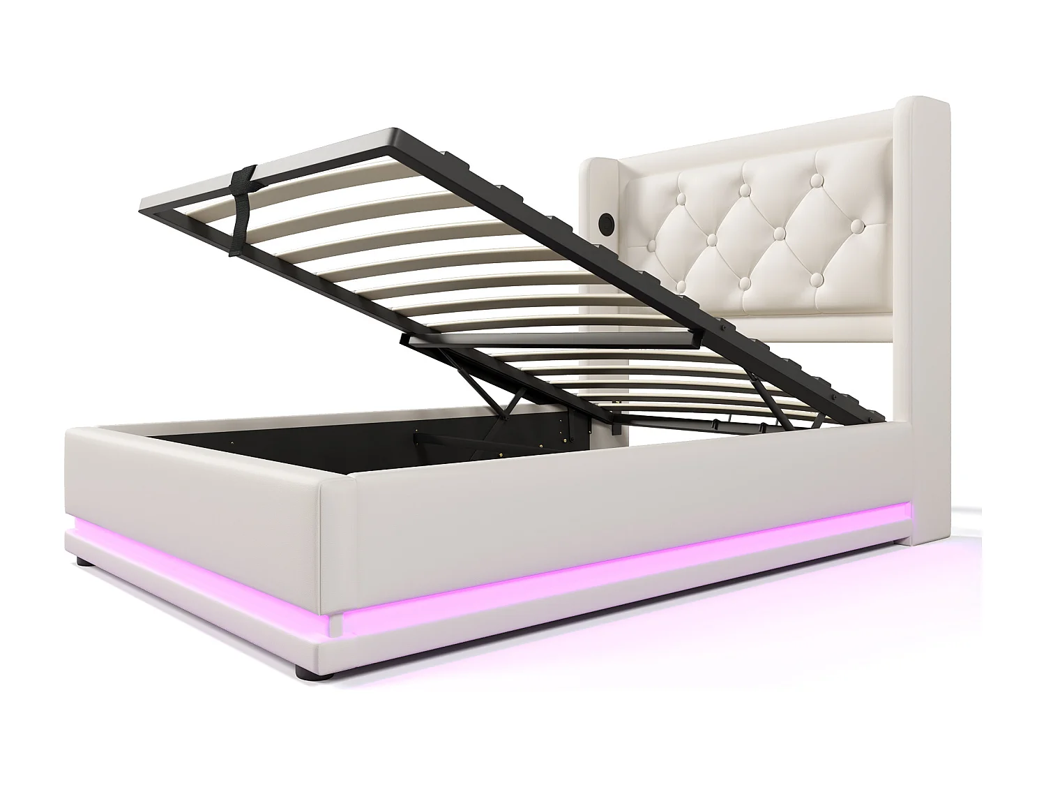 Bett mit Stauraum 90 x 200 cm – PU weiß – Kinderbett mit LED-Beleuchtung und USB-Ladefunktion – ohne Matratze