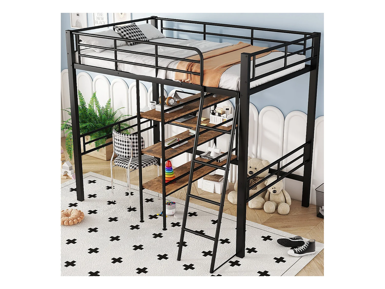 Lit mezzanine 90 x 200 cm - Lit enfant avec bureau et étagère de rangement - noir - sans matelas
