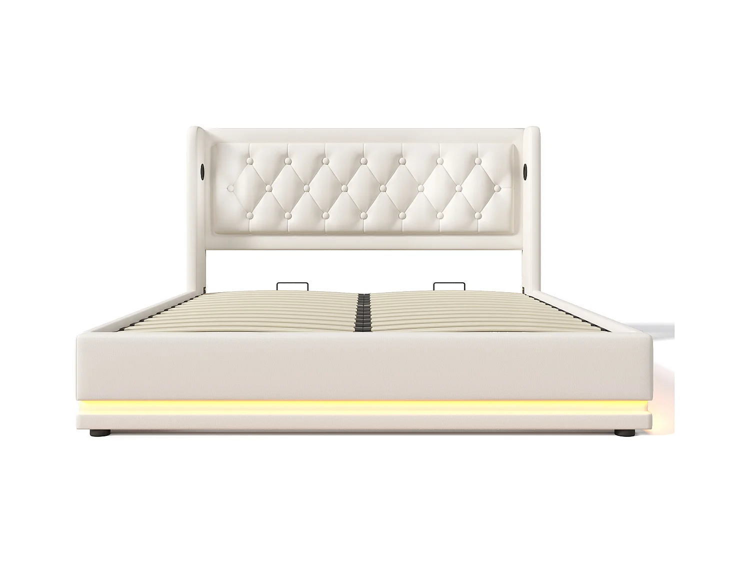 Bett mit Stauraum 140 x 200 cm – PU weiß – Erwachsenenbett mit LED-Beleuchtung und USB-Ladefunktion – ohne Matratze