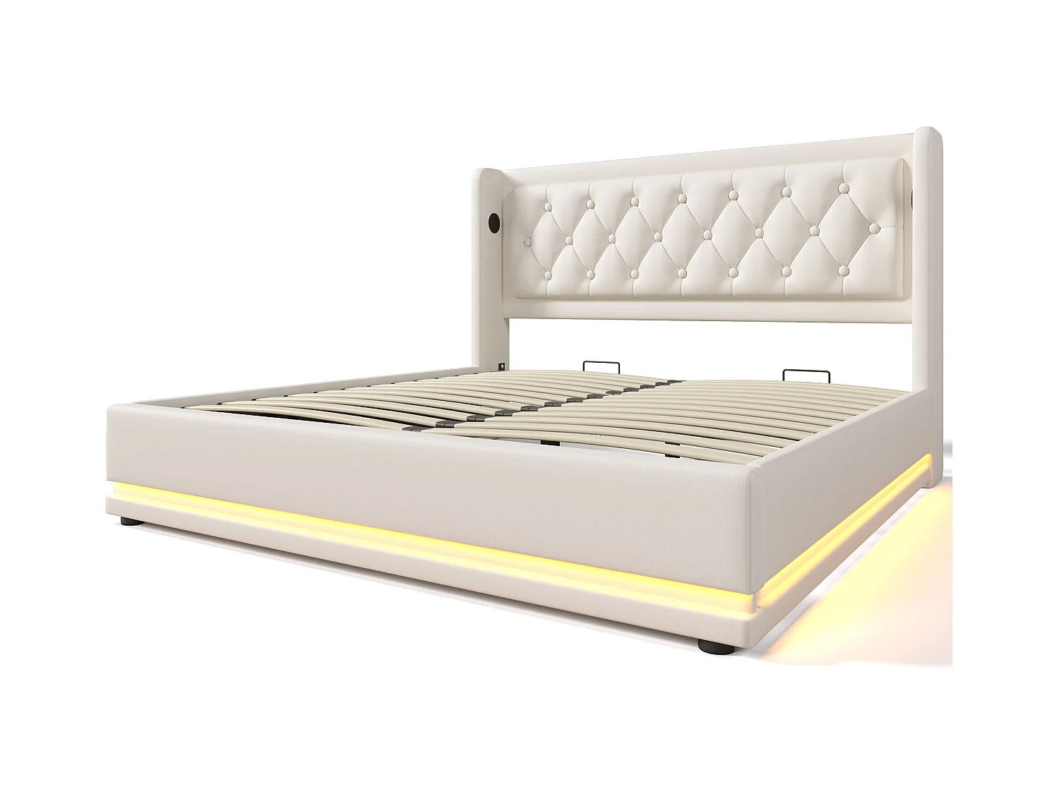Bett mit Stauraum 140 x 200 cm – PU weiß – Erwachsenenbett mit LED-Beleuchtung und USB-Ladefunktion – ohne Matratze