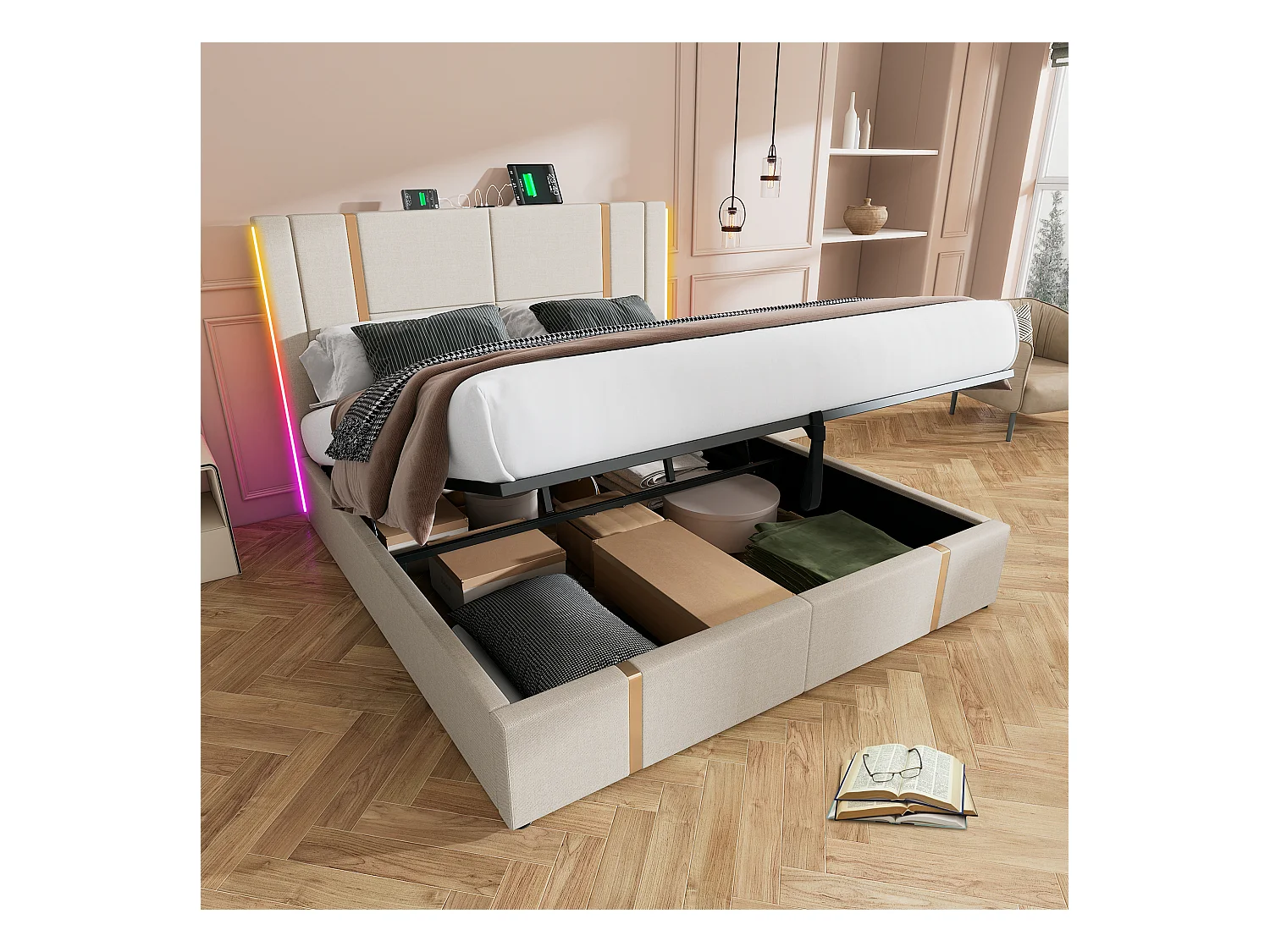 Bett mit Stauraum 160 x 200 cm – beigefarbenes Leinen – Doppelbett mit LED- und USB-Ladefunktion – ohne Matratze