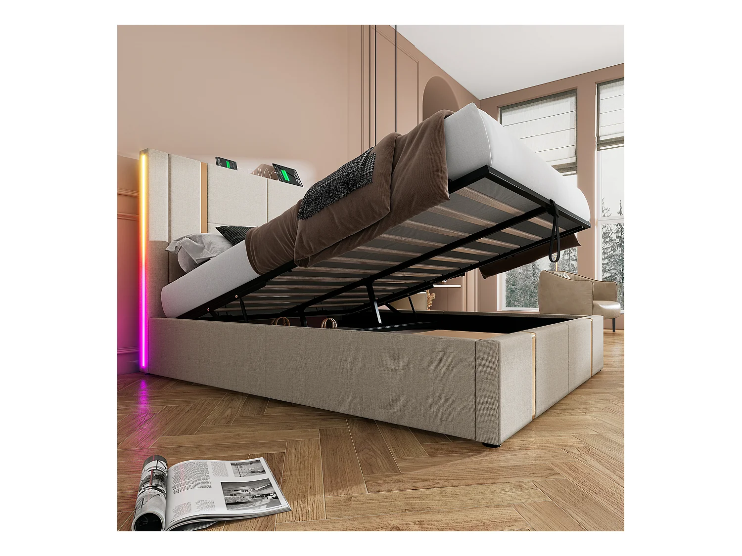 Bett mit Stauraum 160 x 200 cm – beigefarbenes Leinen – Doppelbett mit LED- und USB-Ladefunktion – ohne Matratze