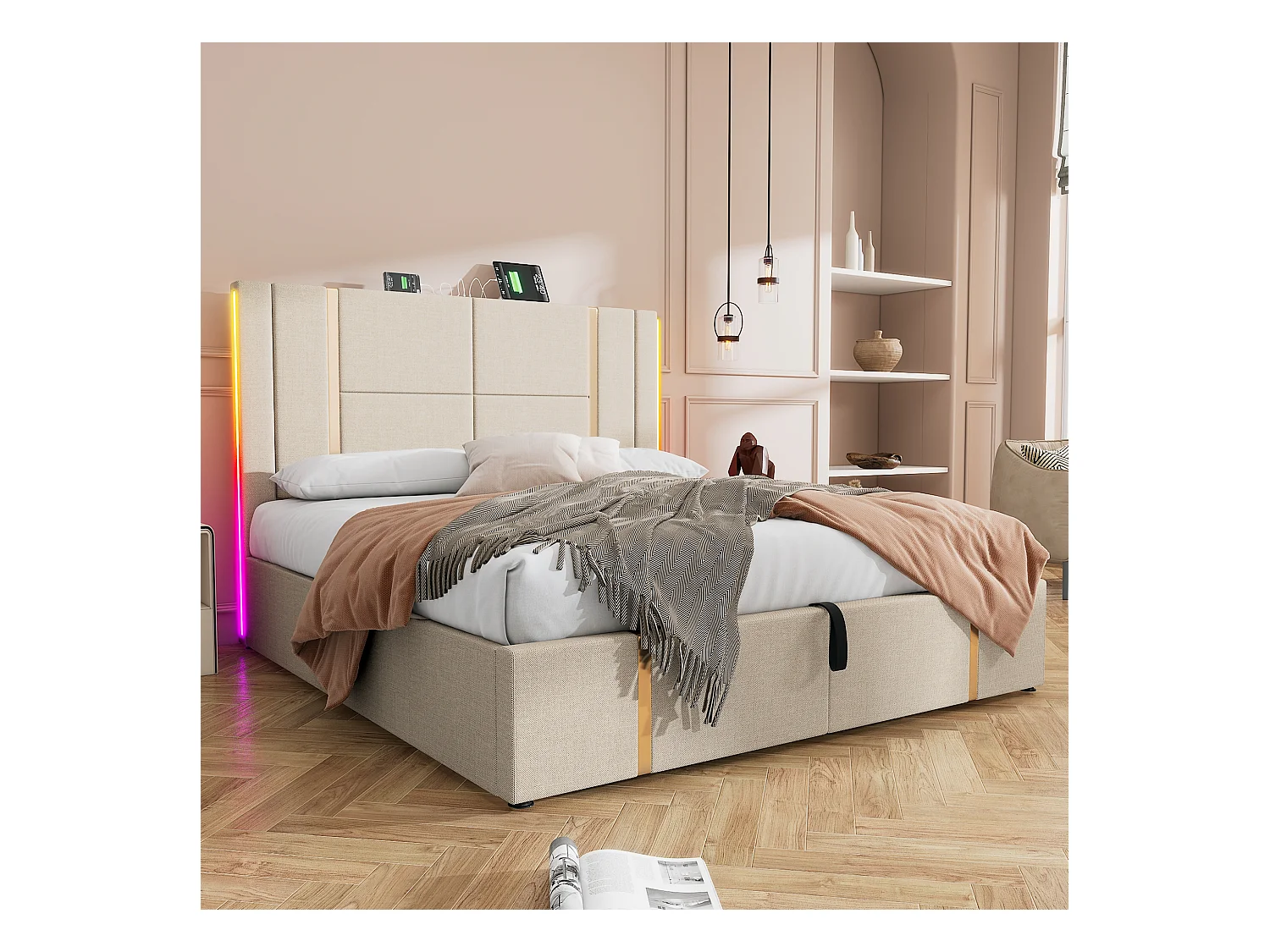 Bett mit Stauraum 160 x 200 cm – beigefarbenes Leinen – Doppelbett mit LED- und USB-Ladefunktion – ohne Matratze