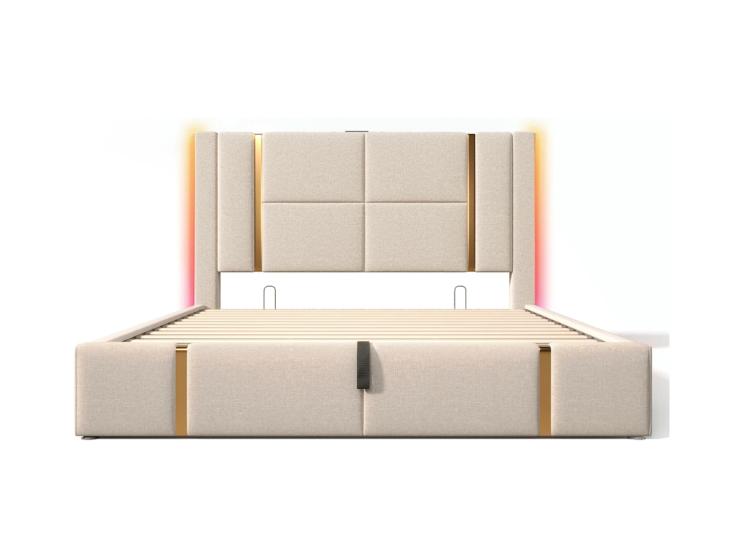 Bett mit Stauraum 160 x 200 cm – beigefarbenes Leinen – Doppelbett mit LED- und USB-Ladefunktion – ohne Matratze