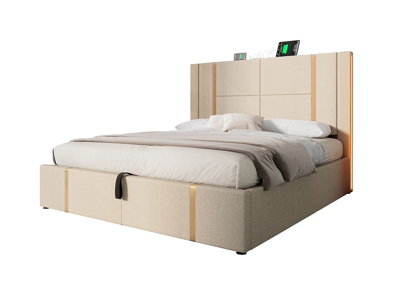 Bett mit Stauraum 160 x 200 cm – beigefarbenes Leinen – Doppelbett mit LED- und USB-Ladefunktion – ohne Matratze
