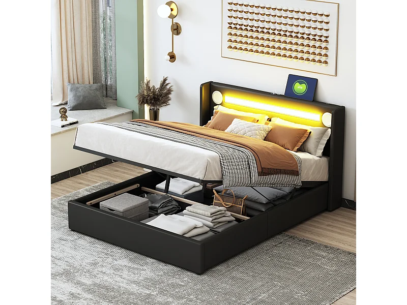 Opbergbed 140 x 200 cm - Zwart PU - Volwassen bed met USB-oplader en Bluetooth-speler - LED-verlichting - zonder matras