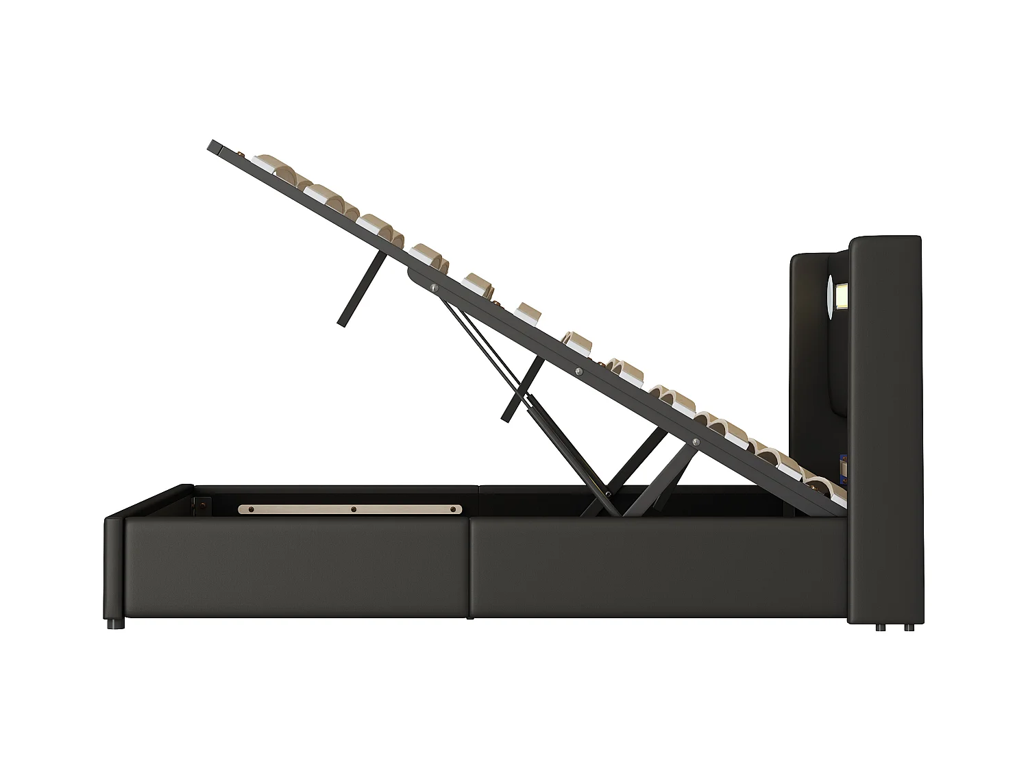 Bett mit Stauraum 140 x 200 cm – PU schwarz – Erwachsenenbett mit USB-Ladefunktion und Bluetooth-Player – LED-Beleuchtung – ohne Matratze