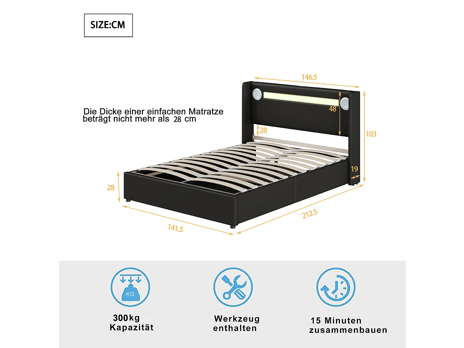 Bett mit Stauraum 140 x 200 cm – PU schwarz – Erwachsenenbett mit USB-Ladefunktion und Bluetooth-Player – LED-Beleuchtung – ohne Matratze