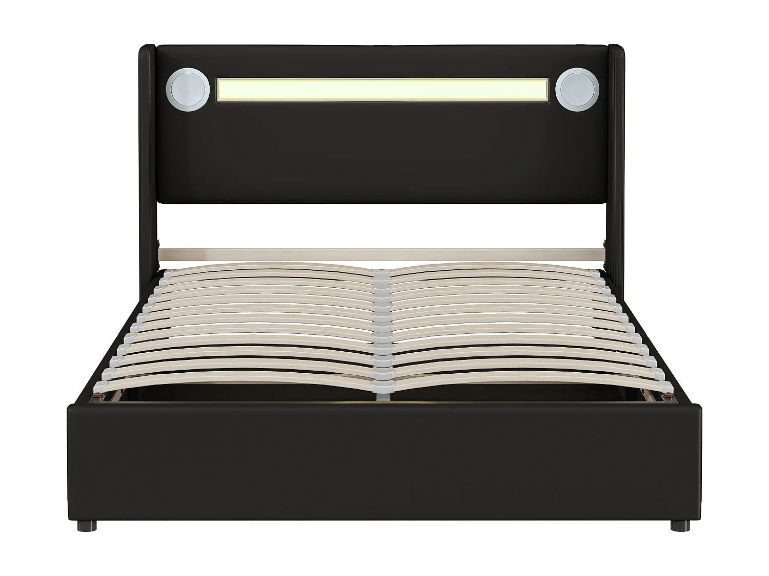 Bett mit Stauraum 140 x 200 cm – PU schwarz – Erwachsenenbett mit USB-Ladefunktion und Bluetooth-Player – LED-Beleuchtung – ohne Matratze