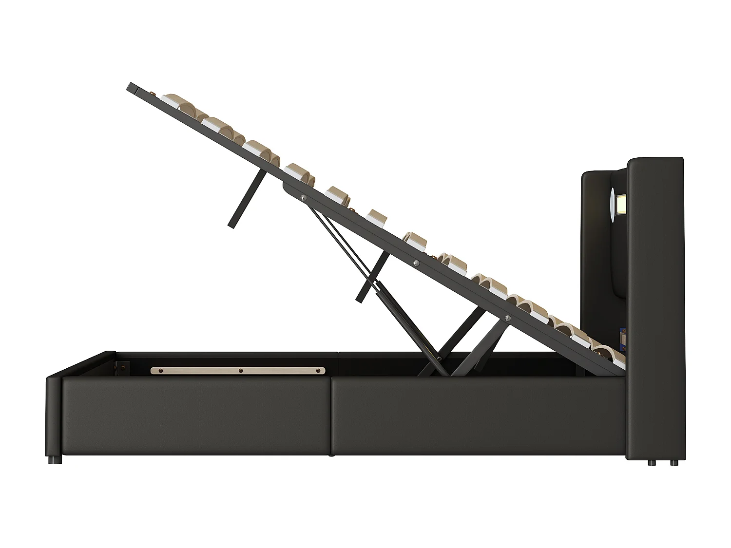 Bett mit Stauraum 140 x 200 cm – PU schwarz – Erwachsenenbett mit USB-Ladefunktion und Bluetooth-Player – LED-Beleuchtung – ohne Matratze