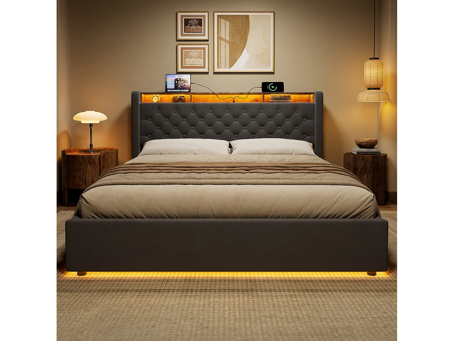 Lit coffre160x200 cm avec tête de lit rangement avec led, port usb, en velours gris foncé, avec fond