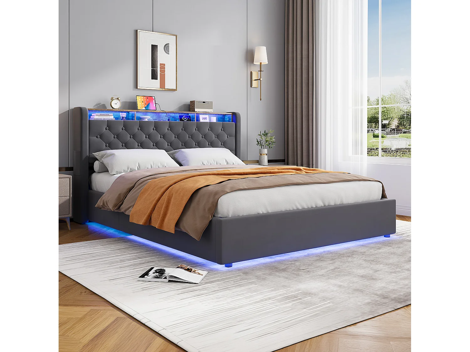 Lit coffre160x200 cm avec tête de lit rangement avec led, port usb, en velours gris foncé, avec fond