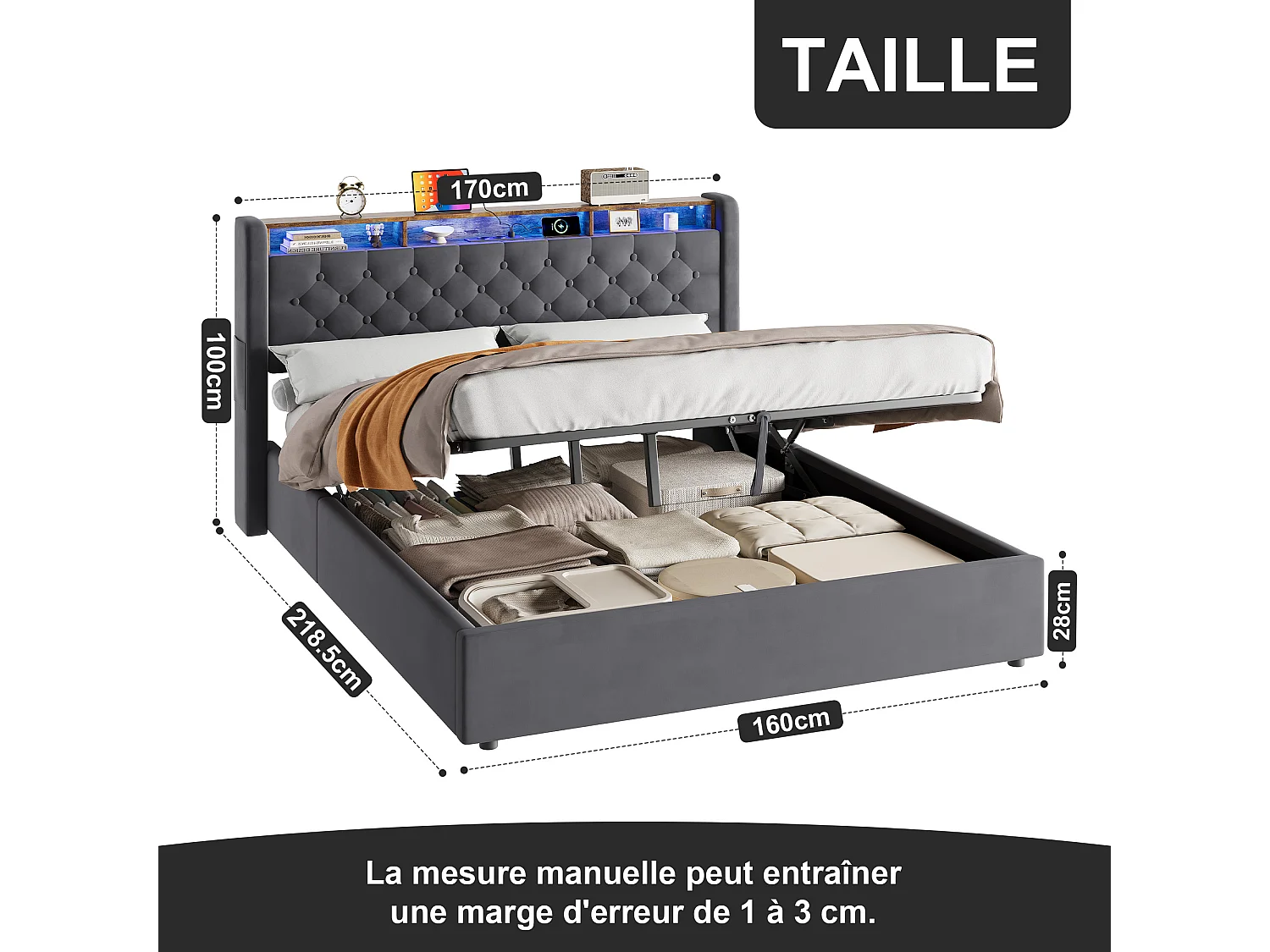 Lit coffre160x200 cm avec tête de lit rangement avec led, port usb, en velours gris foncé, avec fond