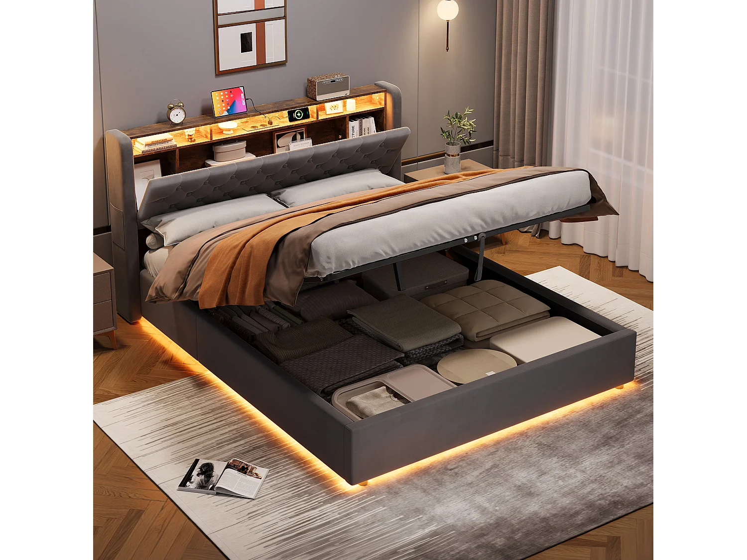 Lit coffre160x200 cm avec tête de lit rangement avec led, port usb, en velours gris foncé, avec fond