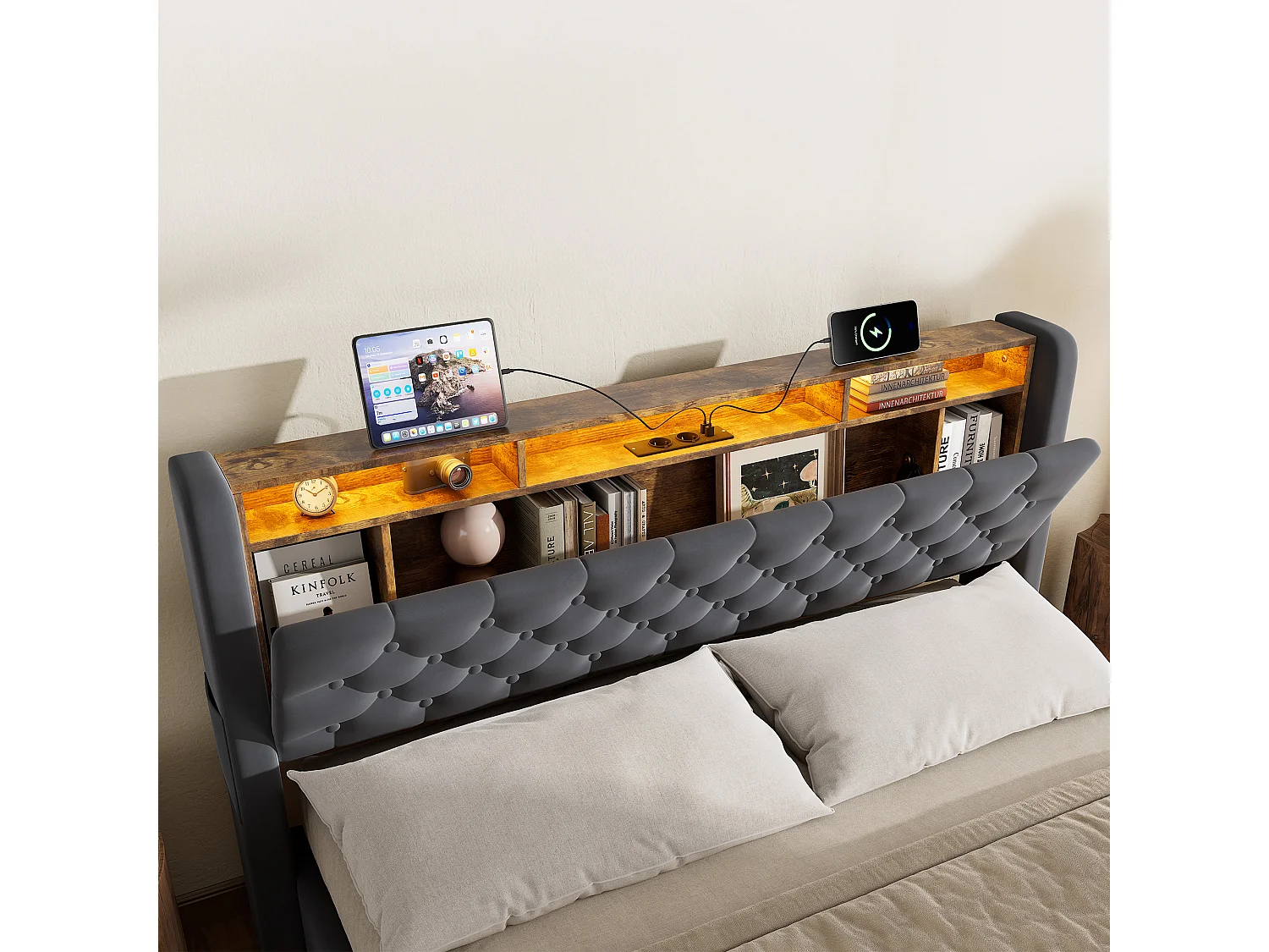 Lit coffre160x200 cm avec tête de lit rangement avec led, port usb, en velours gris foncé, avec fond