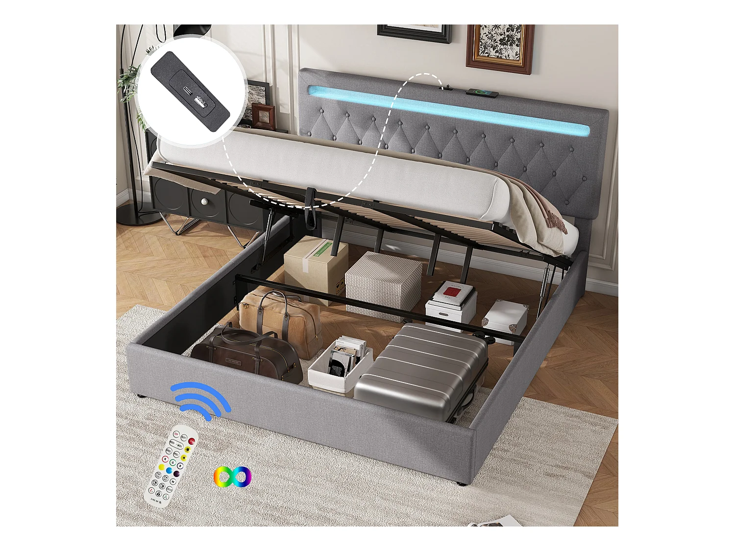 Bed met opbergruimte 180x200 cm - Grijs linnen - Tweepersoonsbed met ledverlichting en USB-oplader - zonder bodem