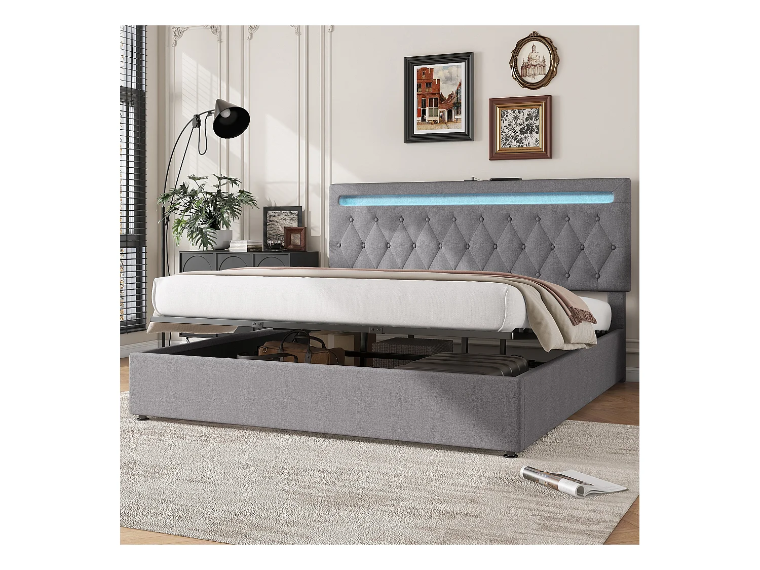Bed met opbergruimte 180x200 cm - Grijs linnen - Tweepersoonsbed met ledverlichting en USB-oplader - zonder bodem