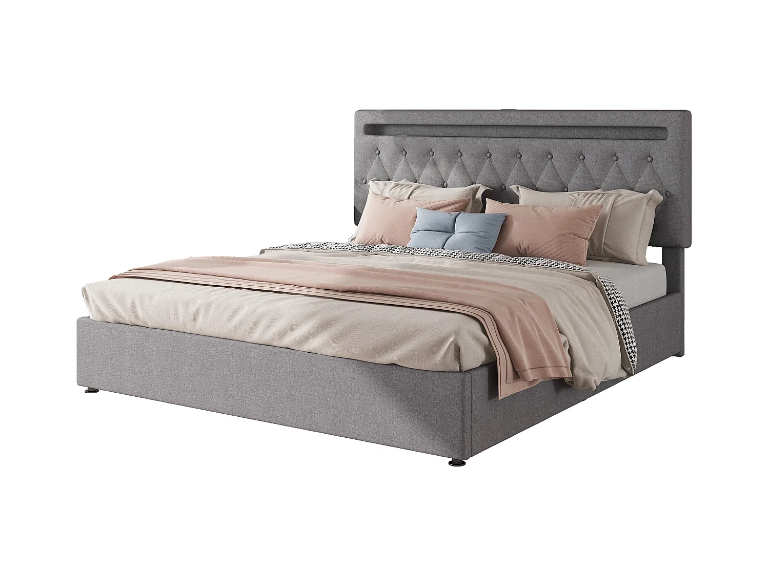 Lit coffre 180x200 cm - Lin gris - Lit double avec lumière LED et chargement USB - san fond