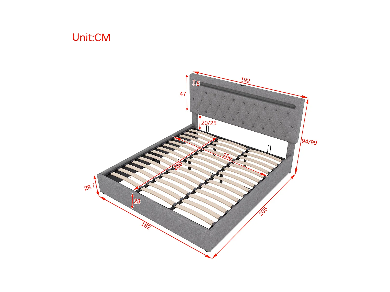 Lit coffre 180x200 cm - Lin gris - Lit double avec lumière LED et chargement USB - san fond