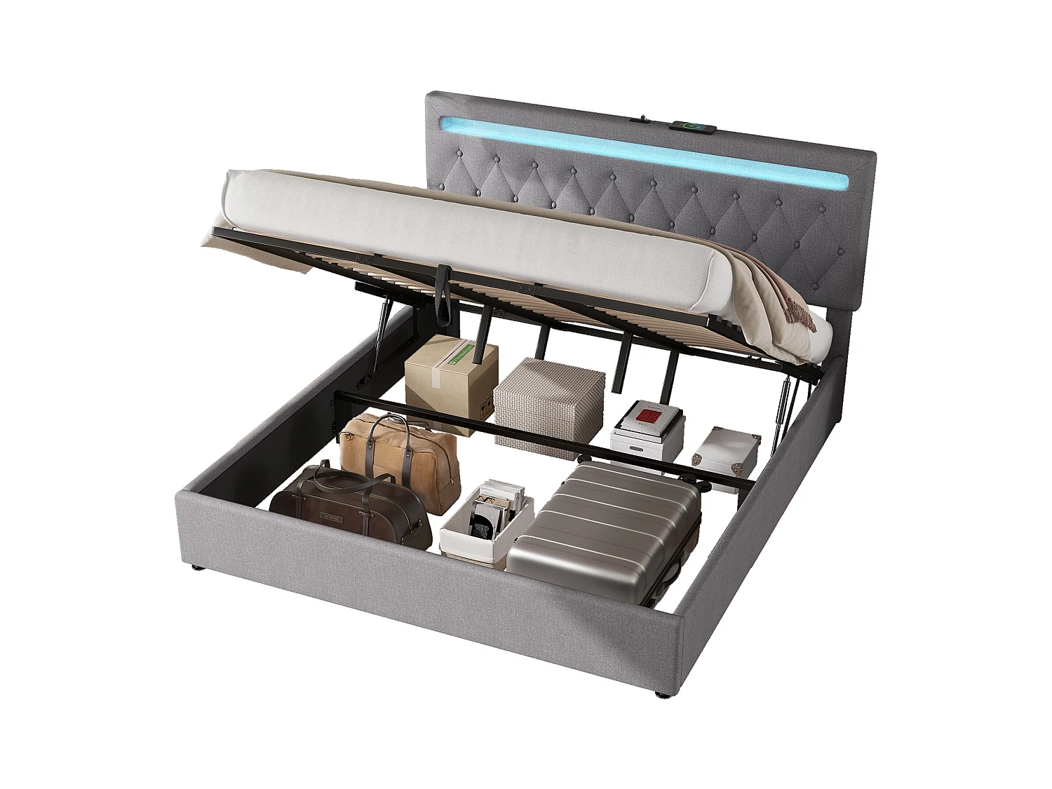 Lit coffre 180x200 cm - Lin gris - Lit double avec lumière LED et chargement USB - san fond