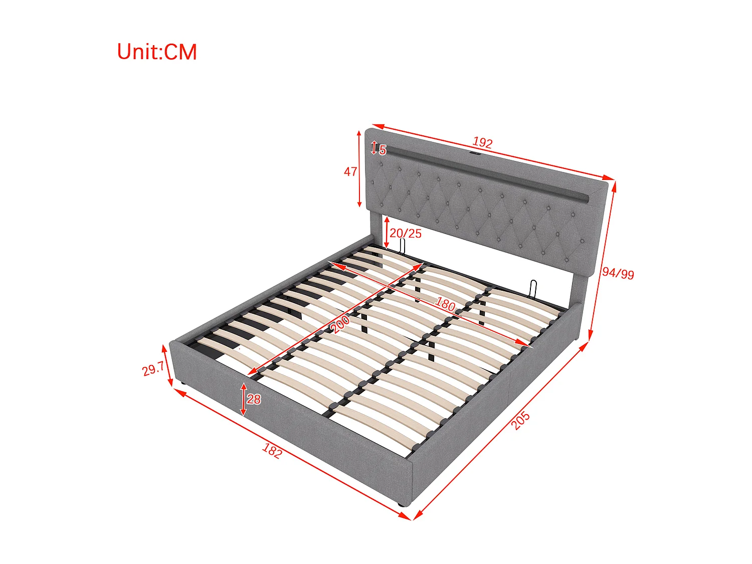 Lit coffre 180x200 cm - Lin gris - Lit double avec lumière LED et chargement USB - san fond