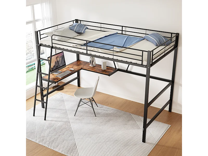 Hochbett 90 x 200 cm, Jugendbett mit L-Schreibtisch und Regal, schwarz, ohne Matratze