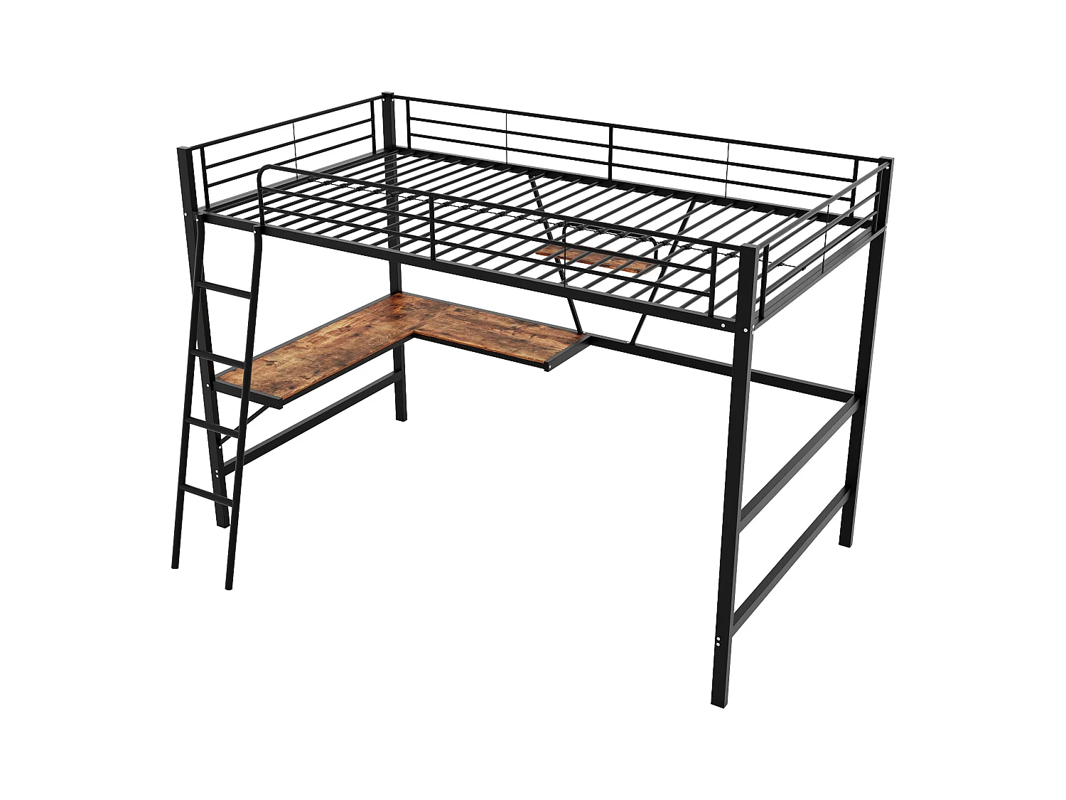 Lit mezzanine 90x200 cm, Lit ado avec bureau en L et étagère, noir, sans matelas