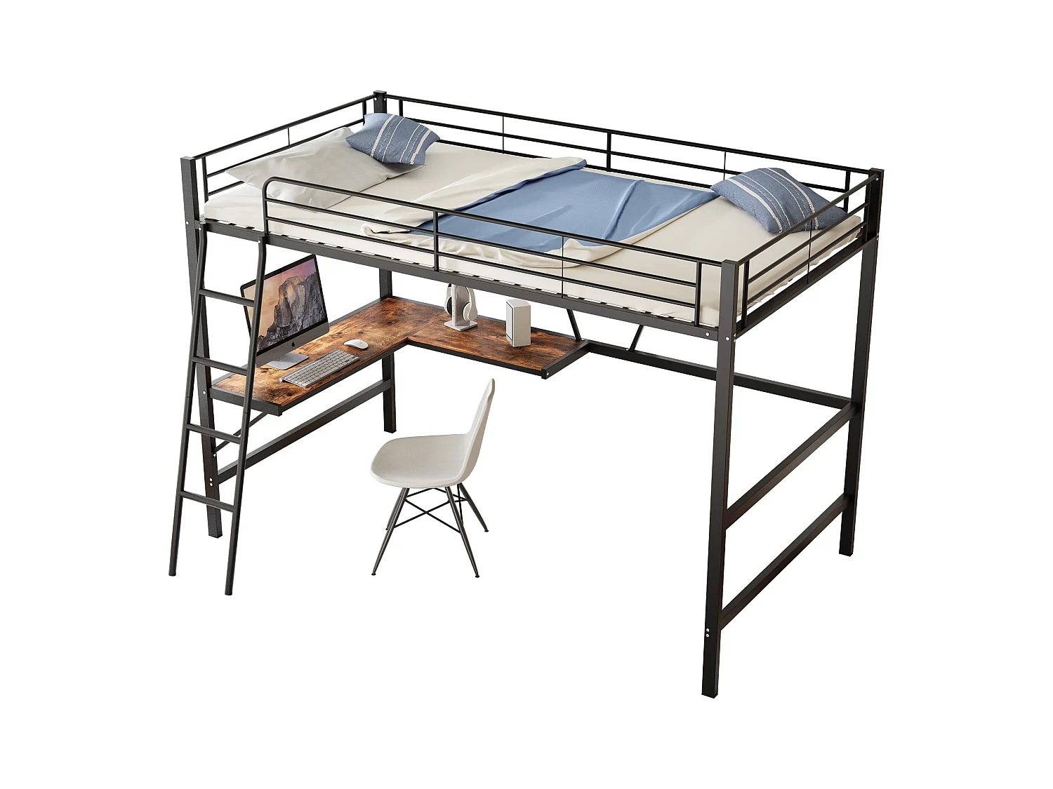 Lit mezzanine 90x200 cm, Lit ado avec bureau en L et étagère, noir, sans matelas